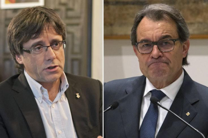 Carles Puigdemont, alcalde de Girona y presumiblemente próximo presidente de la Generalitat. A la derecha, Artur Mas durante la rueda de prensa en la que compareció para dar a conocer el acuerdo entre Junts pel Sí y la CUP.