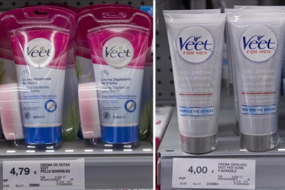 Cremas depilatorias para mujeres y para hombres en los estantes de un supermercado.