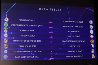 Imagen del resultado del sorteo para los emparejamientos de la Liga de Camepones. RICHARD JUILLART / UEFA HANDOUT