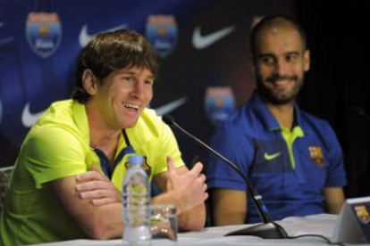 Messi, en una rueda de prensa junto a Pep Guardiola.