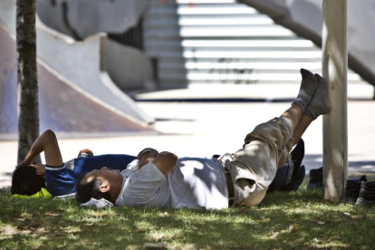 Dos hombres descansan bajo un árbol en plena ola de calor.