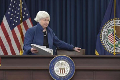 Janet Yellen, presidenta de la Reserva Federal, en una rueda de prensa, en Washington.
