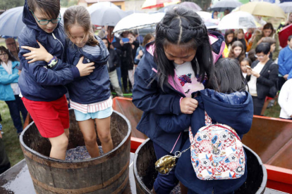 LOs niños disfrutaron bajo la lluvia de la experiencia de pisar la uva y catar el primer mosto de la temporada. MARCIANO PÉREZ