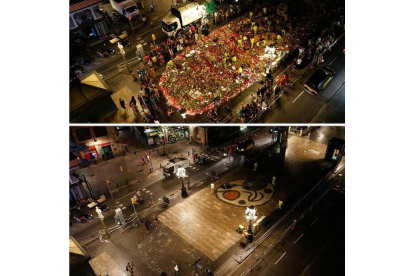 Dos imágenes de la Rambla; la de arriba muestra el mosaico de Miró lleno de ofrendas el lunes por la noche y la de abajo, la misma zona en la madrugada del martes.