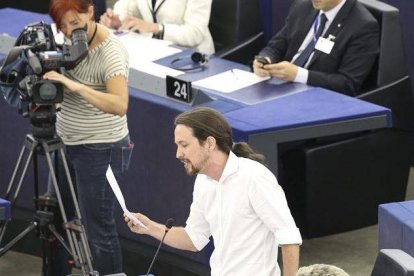 El líder de Podemos, Pablo Iglesias, durante una intervención en el Parlamento Europeo.