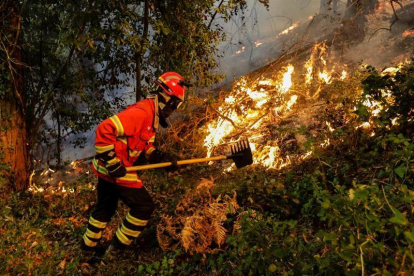 Un bombero trabaja en la escena de un incendio forestal cerca de la aldea de Cioga do campo, Cantanhede, Coimbra, Portugal.