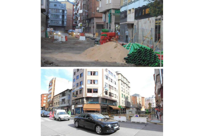 Arriba, las obras abandonadas a la altura del colegio Valentín García Yebra y, debajo, el tráfico en Gómez Núñez, que corta la avenida Valdés.