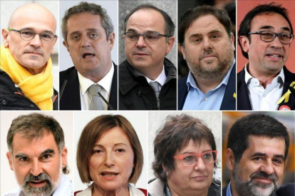 Los líderes independentistas encarcelados. Arriba: Romeva, Forn, Turull, Junqueras, Rull. Abajo: Cuixart, Forcadell, Bassa y Sànchez.