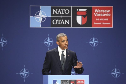 El presidente estadounidense, Barack Obama durante una rueda de prensa celebrada en el marco de la cumbre de la OTAN en Varsovia, Polonia.
