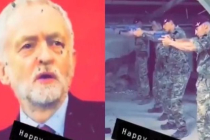 Soldados británicos en un entrenamiento de tiro disparando a imagen de Jeremy Corbyn.