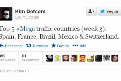 Un tuit de la cuenta oficial de Kim Doctcom, dando las gracias a los usuarios de España