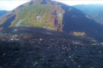 Estado en el que el incendio ha dejado parte del monte quemado en Páramo del Sil. B. A. C.