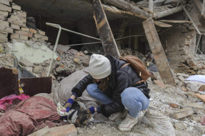 Una niña rescata a un perro de los escombros de un edificio atacado en Lviv. MYKOLA TYS