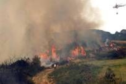 Un helicóptero acude a sofocar las llamas del incendio de Orense