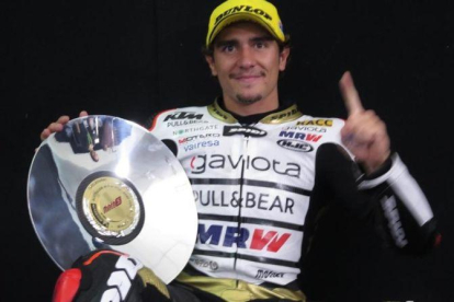 Albert Arenas, en la sala de prensa de Phillip Island (Australia) tras conseguir la victoria en Moto3.