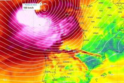 Rachas de viento y presión en superficie previstos por el modelo del Centro Europeo para el jmiércoles 1 de noviembre a las 22 UTC. El fuerte gradiente de presión al paso de la borrasca Ciarán dará lugar a un temporal muy duro en el Cantábrico. METEORED