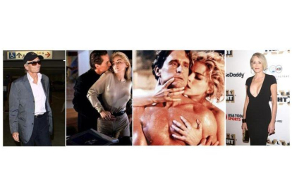 En el centro, sendas escenas de 'Instinto básico' (1992). Michael Douglas (izquierda) y Sharon Stone, en la actualidad.