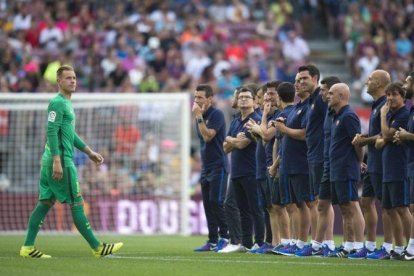 Ter Stegen durante la presentación de la plantilla del Barcelona en el trofeo Joan Gamper.