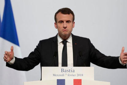 El presidente francés, Emmanuel Macron, durante su discurso en Bastia, Córcega.