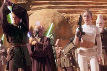 Un grupo de jedis liderado por Anakin Skywalker en la película El ataque de los clones