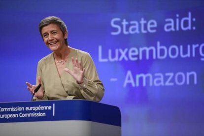 La comisaria europea de Competencia, Margrethe Vestager, en una rueda de prensa en Bruselas.