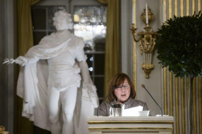 Svetlana Aleksiévich, en su conferencia como Nobel de Literatura en Estocolmo.