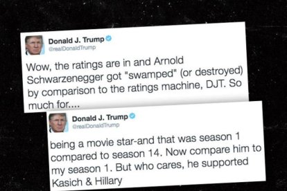 Montaje con dos de los tuits de Donald Trump en los que se mofa de las audiencias televisivas de Arnold Schwazenegger.