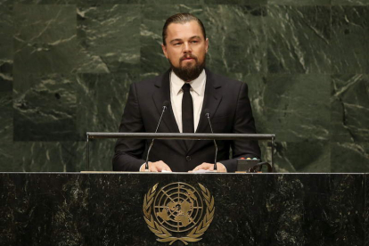 Leonardo di Caprio, durante su discurso en las Naciones Unidas como Mensajero de Paz.