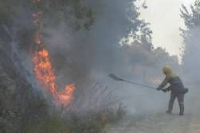 Imagen de archivo de un trabajador forestal apagando un incendio con un batefuegos, el pasado verano