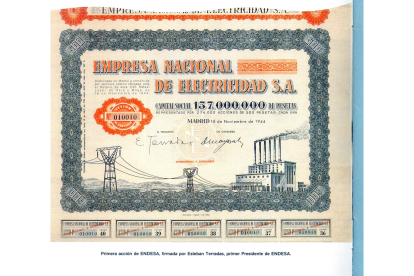 Primera acción de Endesa, empresa creada en Ponferrada en 1944. CORTESÍA DE JOSÉ JOAQUÍN GONZÁLEZ-ZABALETA