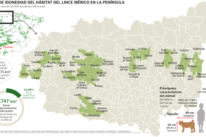 Mapa de las 50 zonas favorables de León para la reintroducción de la especie.