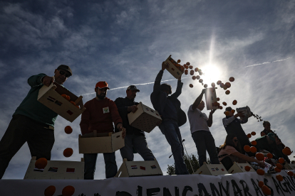 Los agricultores arrojan verduras al suelo durante la concentración en Valencia.