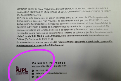 El logo de UPL en las cartas a los alcaldes para informar del Plan Provincial de Cooperación.