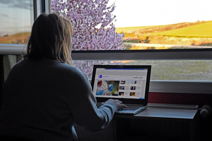 Una mujer consulta la web de la Agencia Efe durante su jornada de teletrabajo en un entorno rural de la provincia de Segovia. EFE/PABLO MARTIN