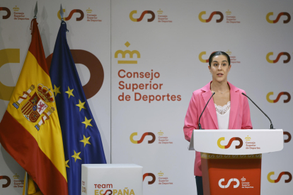 La jugadora de bádminton Carolina Marín durante la rueda de prensa tras ser reconocida con el Premio Princesa de Asturias de los Deportes 2024. EFE/ Sergio Perez