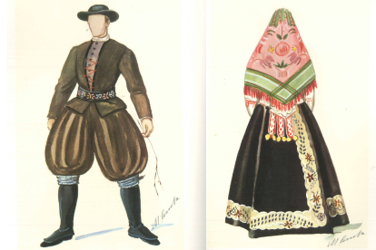 Traje de maragato y vestido de la maragata de espaldas, según Manuel Comba.