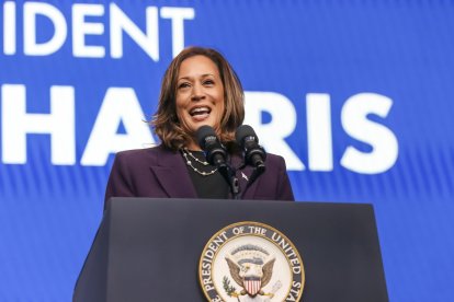 La vicepresidenta estadounidense y futura candidata demócrata a la presidencia, Kamala Harris, en un discurso en Texas el pasado día 25 de julio. EFE/EPA/LESLIE PLAZA JOHNSON