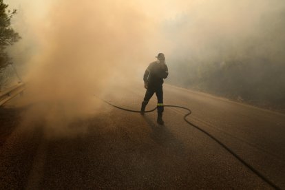 El fuego se declaró el domingo en la localidad de Varnava, a unos 40 kilómetros al norte de Atenas.