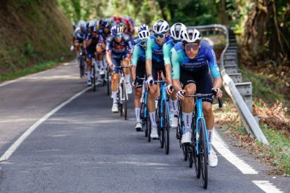 El pelotón durante la decimotercera etapa de la Vuelta ciclista a España que se disputa este viernes sobre 176 kilómetros entre Lugo y el Puerto de Ancares.