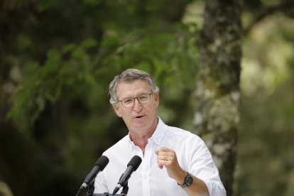 El líder del PP, Alberto Núñez Feijóo, durante su intervención en un acto celebrado en Cerdedo-Cotobade este sábado con el que abre el curso político en Galicia. EFE/Lavandeira jr