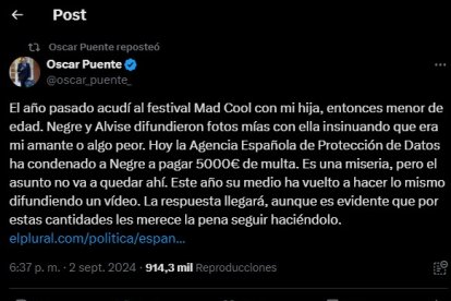 Imagen del post de Óscar Puente colgado este lunes.