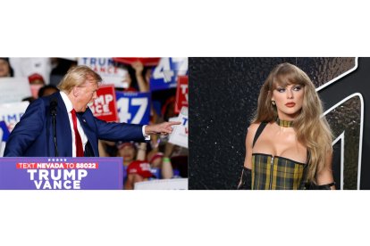 Combo de fotografías que muestra al candidato republicano Donald Trump (i) en un mitin de campaña en la Expo en el World Market Center en Las Vegas el pasado viernes y la cantante Taylor Swift posando durante la alfombra roja de los MTV Video Music Awards 2024, en el UBS Arena el pasado miércoles, en Nueva York (EE.UU.). Cinco días después de que el icono de la música Taylor Swift dijera que va a votar a Kamala Harris en las próximas elecciones presidenciales, el candidato republicano Donald Trump afirmó este domingo que odia a la cantante estadounidense con más éxito del momento. EFE/Bizuayehu Tesfaye y Octavio Guzmán