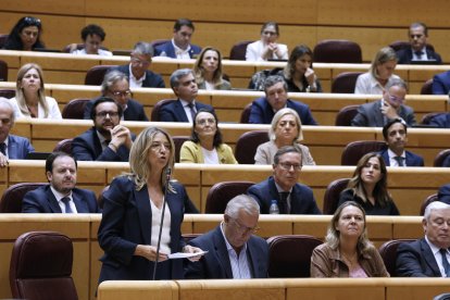 La portavoz popular en el Senado, Alicia García (i), interviene durante la sesión plenaria del Senado este martes en Madrid. EFE/ Javier Lizón