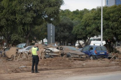 Un efectivo de la Guardia Civil vigila en el polígono industrial de Riba-roja de Túria, este viernes.