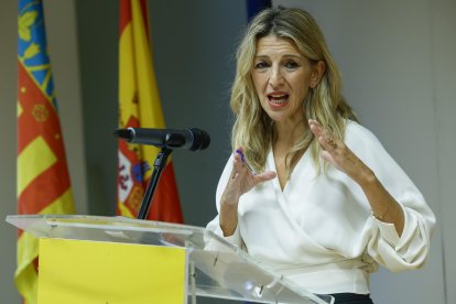 Imagen de archivo de la vicepresidenta segunda y ministra de Trabajo, Yolanda Díaz, en una rueda de prensa. EFE/ Chema Moya