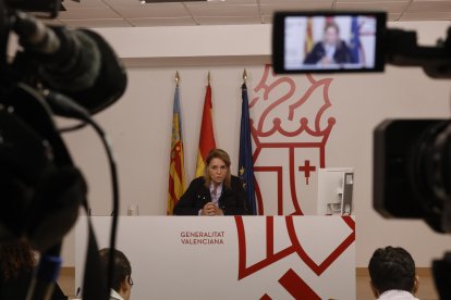 La vicepresidenta del Consell y consellera de Servicios Sociales, Igualdad y Vivienda, Susana Camarero, comparece en rueda de prensa para informar de las actuaciones realizadas por el Consell para recuperación de las zonas afectas por la dana, este domingo en el Palacio de Fuentehermosa. EFE/ Kai Forsterling