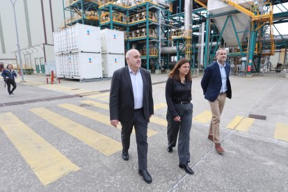 Javier Quiñones, Yasodhara López y Alberto Gómez Barea en la planta de la Ciuden en Cubillos.