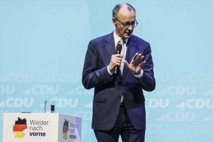 El líder de la CDU, Friedrich Merz, durante un acto de campaña. RONALD WITTEK