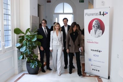 Yolanda Díaz a su llegada para participar en el ciclo «Pioneras 14» organizado por Artículo14 ayer en MAdrid.