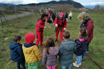 Escolares y monitores, en plena plantación en la localidad de Campo.